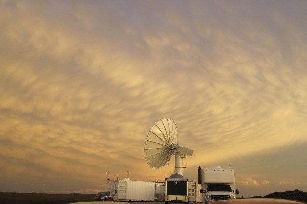 NPOL radar south of Waterloo, Iowa, under a large anvil cloud with mammatus clouds.