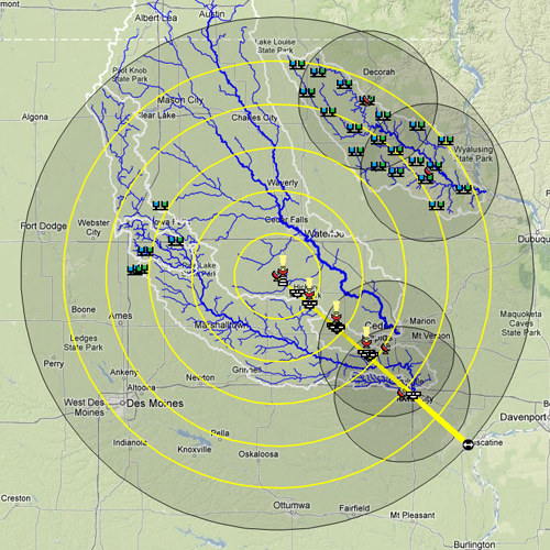 IFloodS map showing instrument location, including radar antennae, rain gauges and soil moisture probes.