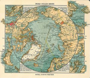 Nord Polar Meer, Justhus Perthes See Atlas 1906 Good map of the Arctic, with inset maps of Drontheim, Drontheim fjord, Jan Mayen, Bering strait, Reykjavik, Hammerfest, Plover Bay, Nordkap, Nowaja zemlja.