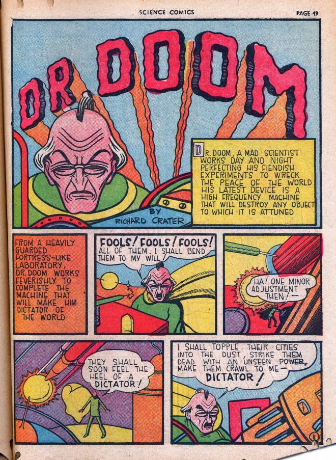 "Dr. Doom" menaces the world, from Science Comics, April 1939, via the Digital Comics Museum.