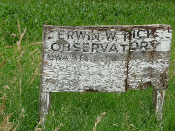 The deteriorating sign marking the entrance to ISU's Fick Observatory southwest of Boone.