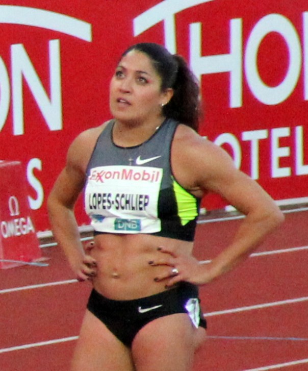 Priscilla Lopes-Schliep at the 2012 Bislett Games. Besides the distinctive muscular upper arms, Betsy Dopf and Jill Viles also noticed the strong muscle definition, somewhat visible here, between Lopes-Schliep's buttock and thigh. It's another characteristic of partial lipodystrophy. Photo by Chell Hill via Wikimedia Commons. Creative Commons license.