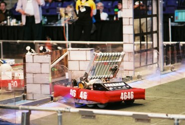 ASAP's Sherman negotiates the sally port obstacle during FRC competition on the University of Northern Iowa campus in Cedar Falls, Iowa.