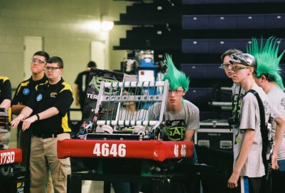 Strange headgear (and safety glasses) are de rigueur at FIRST competitions, as Team ASAP demonstrates. At FRC Iowa Regional in Cedar Falls, Iowa March 24-26, 2016