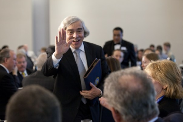 Secretary of Energy Ernest Moniz greeting friends on his first day on the job, May 2013. Credit: U.S. Department of Energy