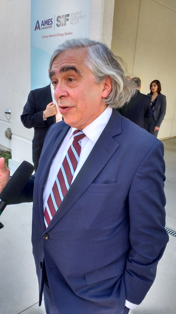 Energy Secretary Ernest Moniz talks to reporters in Ames, Iowa, on May 6, 2016.