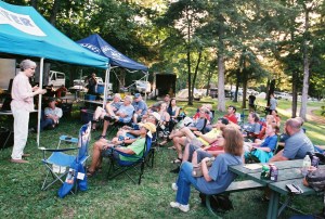 Project AWARE volunteers listen at the Lacy Keosauqua State Park campgrounds as Connie Mutel lays out the evidence for action on climate change.