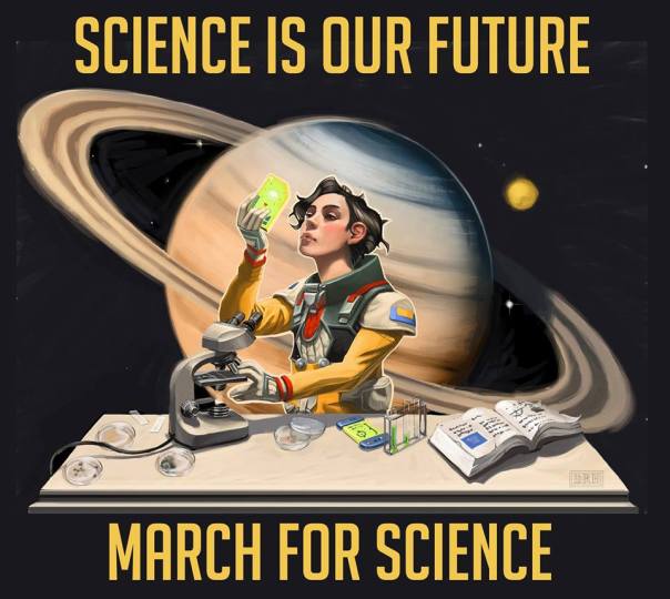 A March for Science Iowa comic by designer Miles Greb (@goldrushcomic) via the March for Science Iowa Facebook page. I think the model looks like a dark-haired Scarlett Johanssen.
