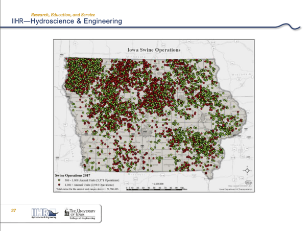 A map of swine feeding operations in Iowa, with a big concentration in the state's northwest corner.