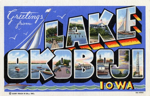 Antique postcard saying Greetings from Lake Okoboji, Iowa
